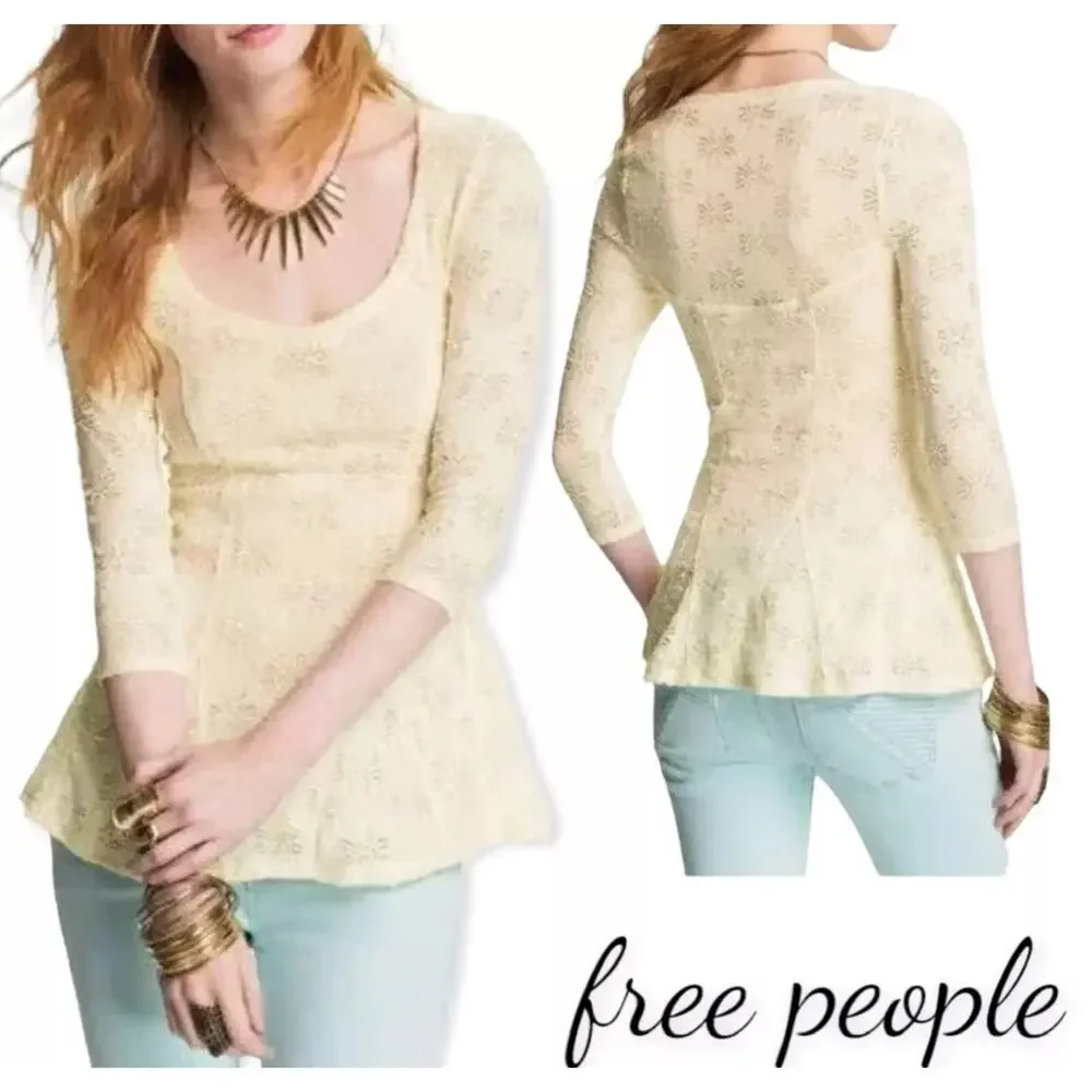 Free People Ivory Lace Tunic Top Medium Floral Sheer Long Sleeve Boho Festival